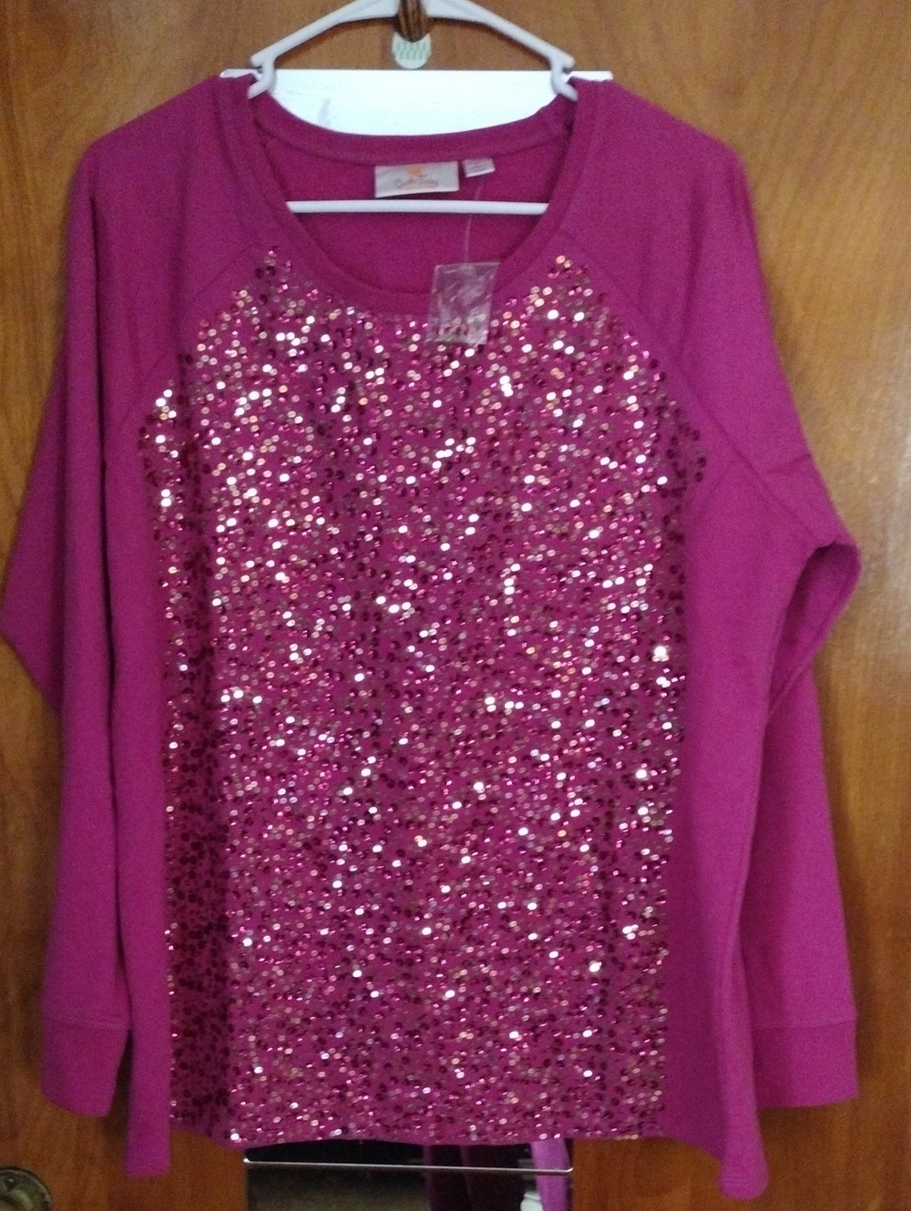 Quacker Factory Fuchsia Sequin Front Crewneck Sweater
